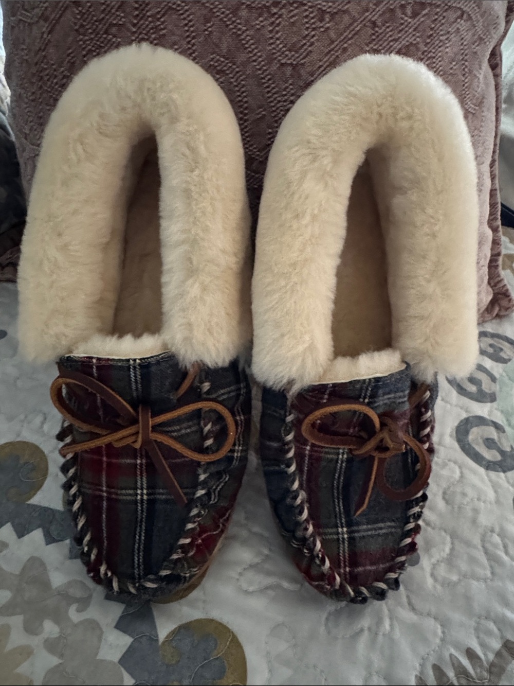 L.L. Bean Wicked GoodWomen's Plaid Moccasin with Cream Shearling Lining